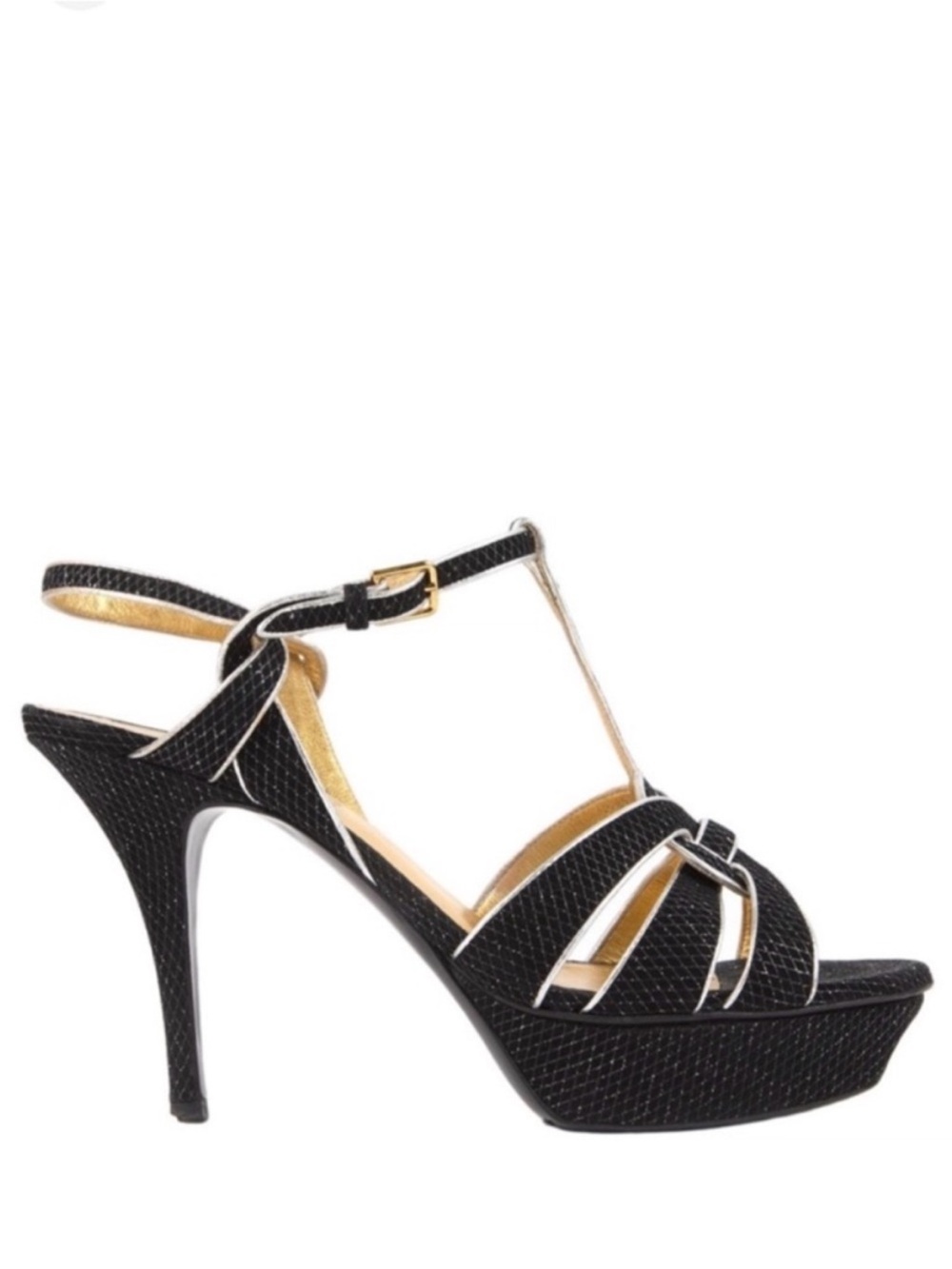 YSL Yves Saint Laurent Tribute Black Silver Platform Heel Sandals